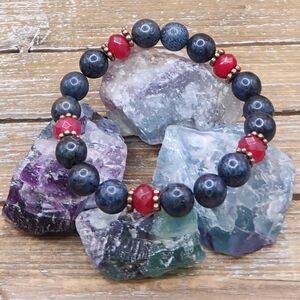 Dumortierite, Ruby Red Jade and Copper Beaded Bracelet